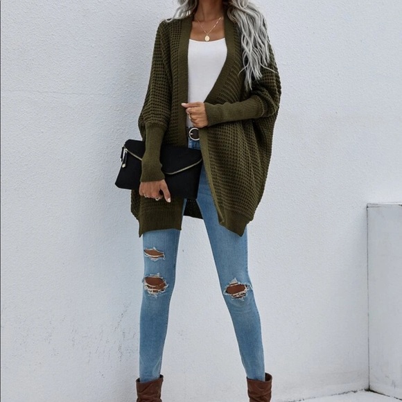 Boho knit batwing sleeve open cardigan dark green - Picture 6 of 16